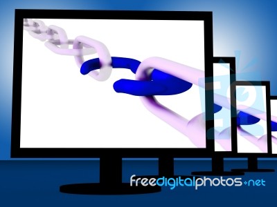 Opened Chain On Monitors Showing Fragile Link Stock Image