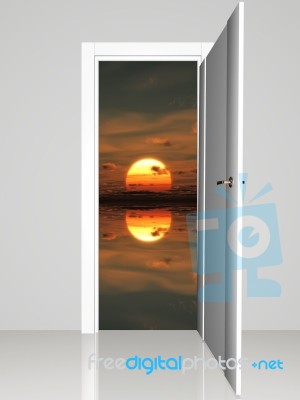Opened Door with Sunset Stock Image