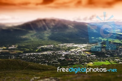 Oppdal Sunset Landscape Bokeh Background Stock Photo