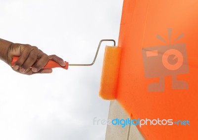 Orange Color Painting Wall Stock Photo