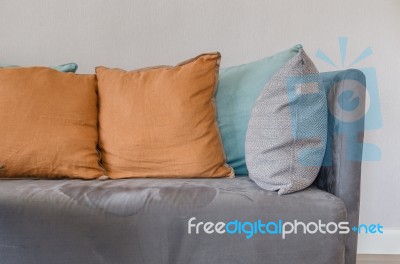 Orange Color Pillow On Grey Sofa In Living Room Stock Photo