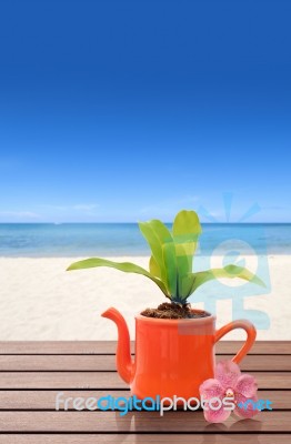 Orange Teapot With Pink Orchid Stock Photo