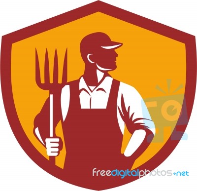 Organic Farmer Pitchfork Crest Retro Stock Image
