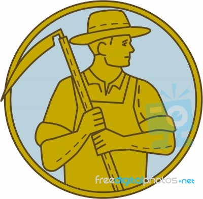 Organic Farmer Scythe Looking Side Circle Mono Line Stock Image