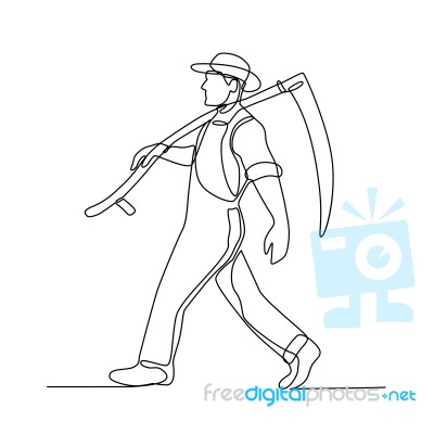 Organic Farmer Walking Scythe Continuous Line Stock Image