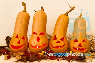 Original Decorations With Long Neck Pumpkins Halloween Stock Photo