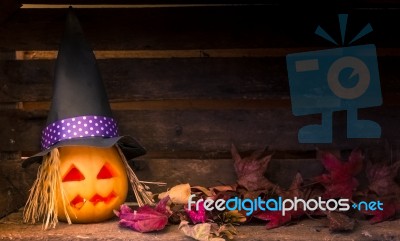 Original Decorations With Pumpkins And Halloween Witch Hats Stock Photo