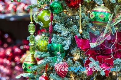 Ornaments On Christmas Tree Stock Photo
