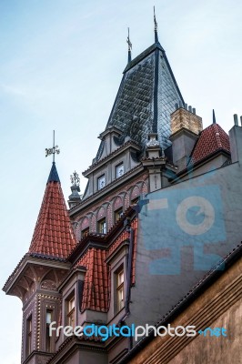 Ornate Building Housing The Restaurant U Stare Synagogy In Pragu… Stock Photo