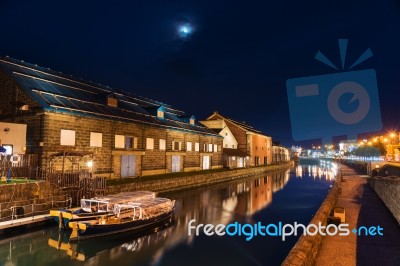 Otaru Canal And Boat At Night Stock Photo