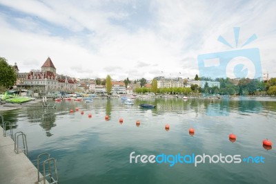 Ouchy Port And Chateau In Lausanne Stock Photo