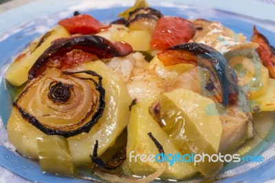 Oven Codfish With Potatoes Meal Stock Photo