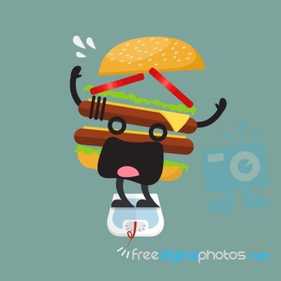 Overweight Burger Character On Weight Scale Stock Image