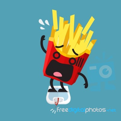 Overweight French Fries Character On Weight Scale Stock Image