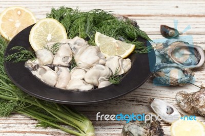 Oyster Seafood Lemon Fresh Mussel Asia Appetizer Luxury Stock Photo