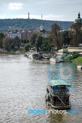 Paddle Steamer Cruising Down The Vitava River In Prague Stock Photo