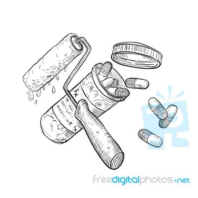 Paint Roller Medicine Pill Bottle Drawing Black And White Stock Image