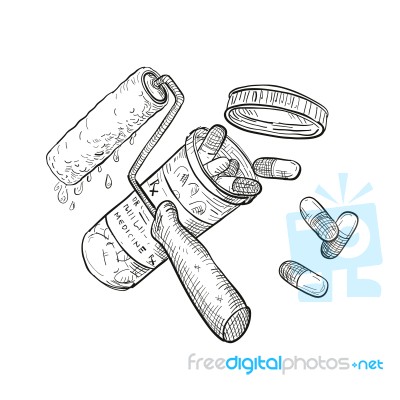 Paint Roller Medicine Pill Bottle Drawing Black And White Stock Image