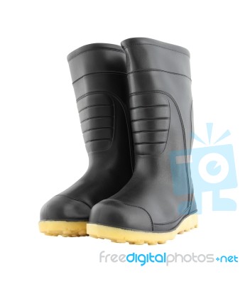 Pair Rubber Black Boot Shoes On White Background Stock Photo