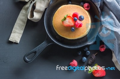 Pancakes With Blueberries  & Raspberry On Wood Background Stock Photo