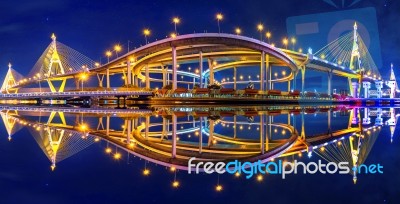 Panorama Of Bhumibol Suspension Bridge In Thailand Stock Photo