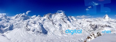 Panorama Of Matterhorn Snow Mountains Stock Photo