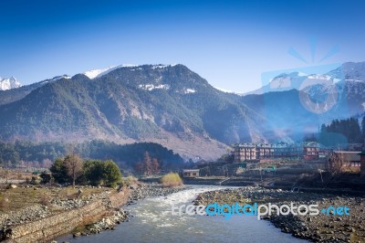 Panoramic View Of Beautiful Mountain Landscape Small Village  Stock Photo