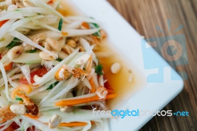 Papaya Salad. Traditional Spicy Thai Food Stock Photo