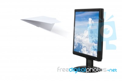 Paper Airplane Out Of The Computer Screen Stock Image