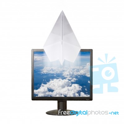 Paper Airplane Out Of The Computer Screen Stock Image