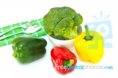 Paprika And Broccoli With Bowl Stock Photo