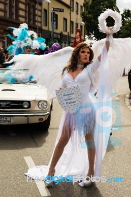 Participant Of Christopher Street Day 2015 In Stuttgart, Germany Is Presenting The Motto Stock Photo