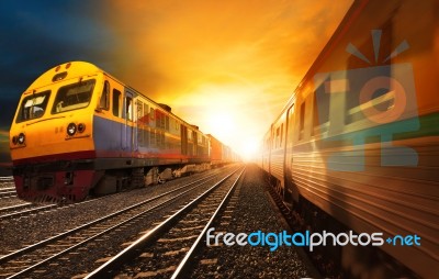 Passenger Trains And Industry Container  Railroads Running On Ra… Stock Photo