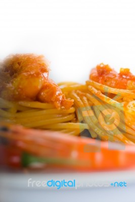 Pasta And Spicy Shrimps Stock Photo