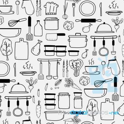 Pattern With Line Hand Drawn Doodle Cooking Set Include Cooking Equipment & Raw Materials Background Stock Image