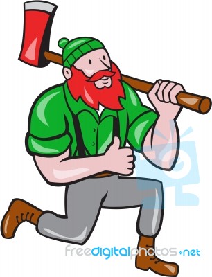 Paul Bunyan Lumberjack Axe Kneeling Cartoon Stock Image
