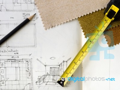 Pencil And Yellow Tape On Blueprint Stock Photo