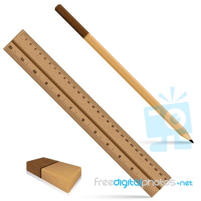 Pencil Ruler And Eraser On A Wooden Design. Ruler And Pencil With Eraser For Wooden Texture Isolated On White Background. Object Tool Stock Image