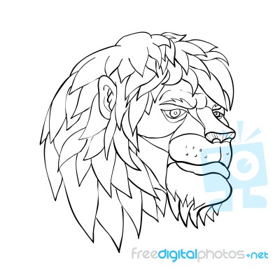 Pensive Lion Head Cartoon Black And White Stock Image