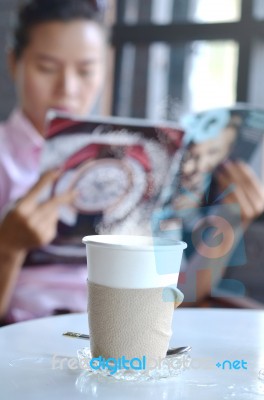People Drink  Hot Coffee  In Paper Up In Morning Time Stock Photo