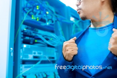 People Fix Core Switch In Network Room Stock Photo