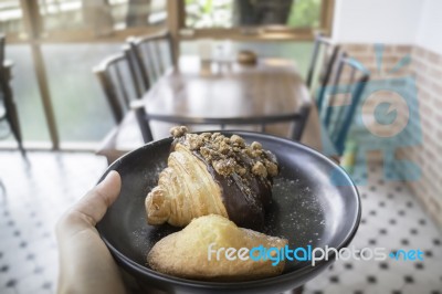 People Hand Hold Plate Serving Fresh Baked Bakery Stock Photo