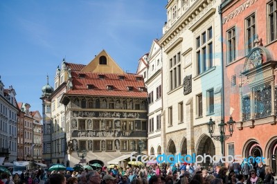 People Waiting For The Astronomical Clock In Prague Stock Photo