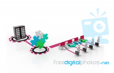 People With Computer Network And Pieces Of Puzzle Stock Image