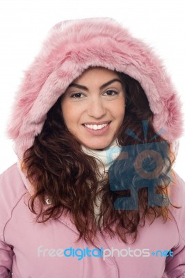 Permed Hair Woman Wearing Pink Hood Winter Jacket Stock Photo