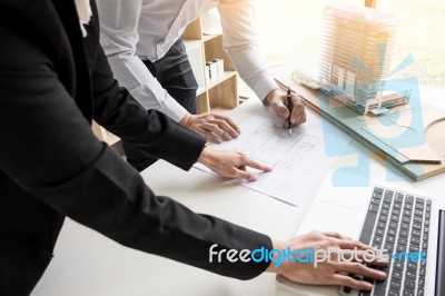 Person's Engineer Hand Drawing Plan On Blue Print With Architec Stock Photo
