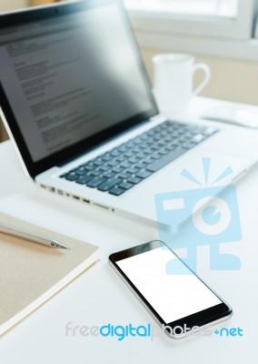 Phone Blank Screen On Workspace Table Stock Photo Phone Blank Screen On Workspace Table Stock Photo