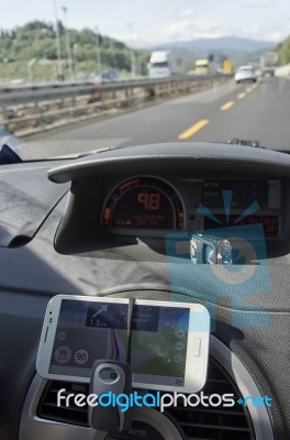 Phone Use As A Navigation System In Auto Stock Photo