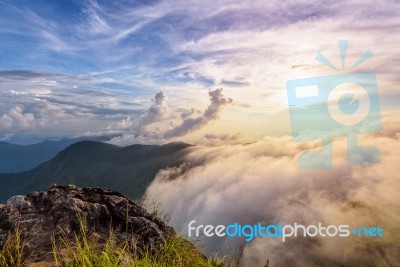 Phu Chi Fa Forest Park At Sunset, Thailand Stock Photo