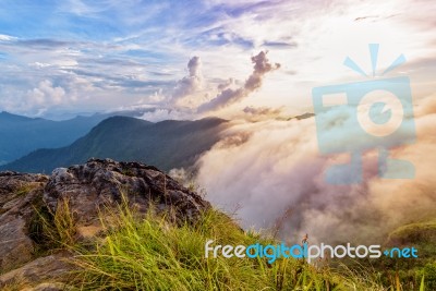 Phu Chi Fa Forest Park At Sunset, Thailand Stock Photo